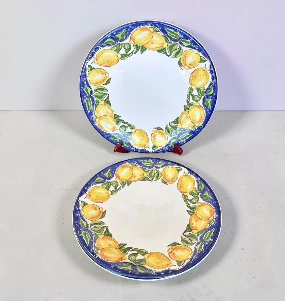 Set of 2 Sur La Table Italy Lemon Dinner Plates 11” Blue Yellow Italian Pottery